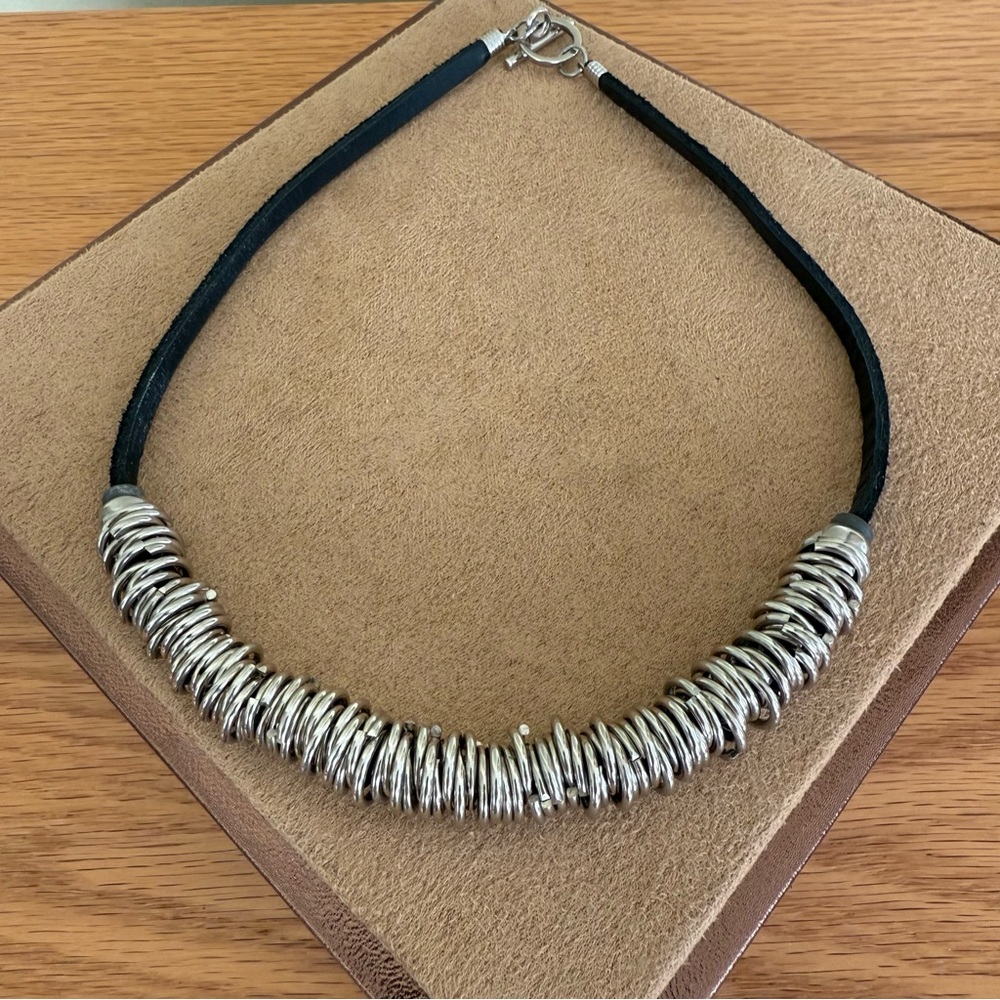 Stainless Steel and Black Leather Necklace
